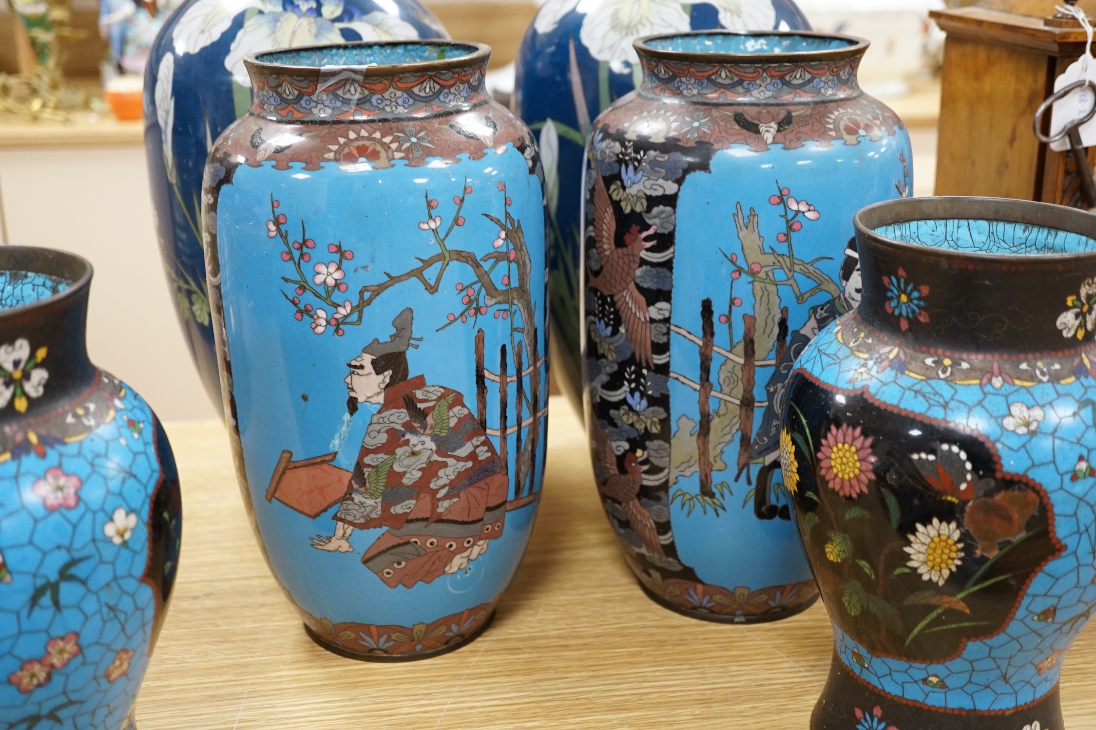 Three pairs of Japanese cloisonné enamel vases, late 19th/early 20th century, largest 43cm high